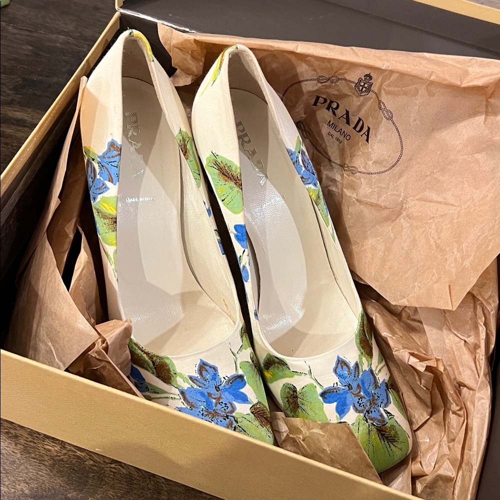 Prada Cream Floral Pumps with Blue and Green Accents